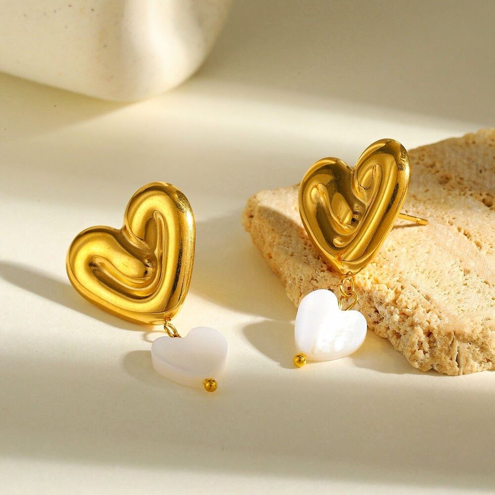 Gold & White Double Heart Drop Earrings